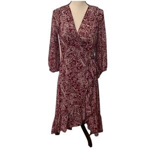 CALVIN KLEIN Burgundy & Cream Patterned Flowy High-Low Dress Size 8 Lined EUC
